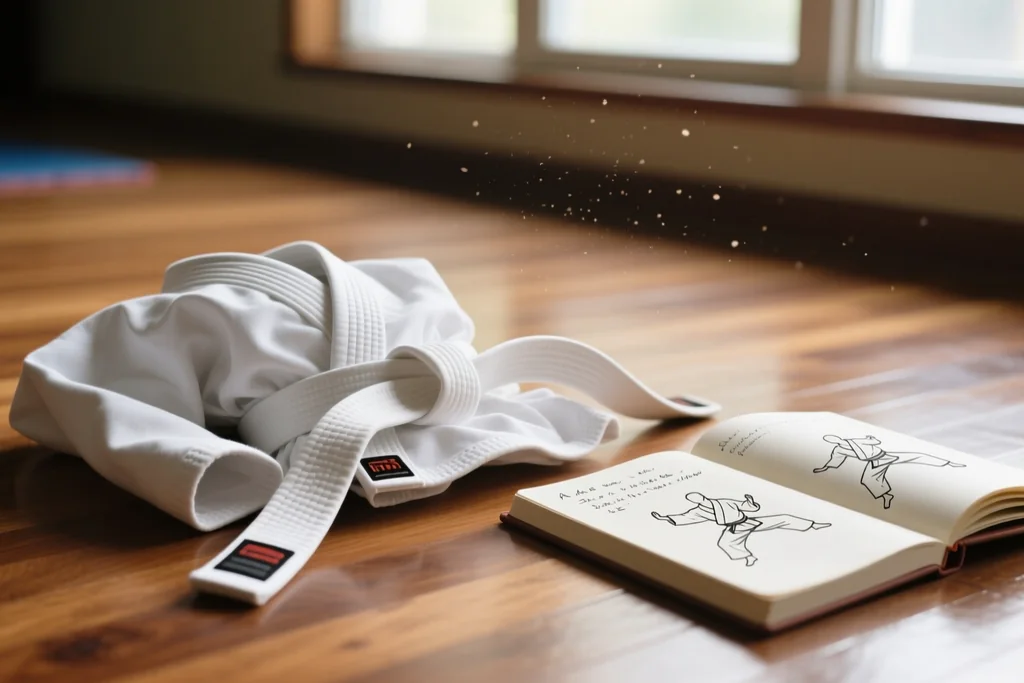 Karate gi belt folded on a dojo floor beside a training journal