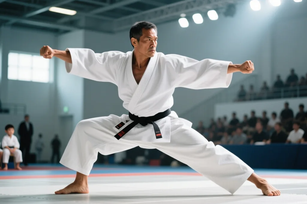Adult karate competitors lined up on a competition tatami