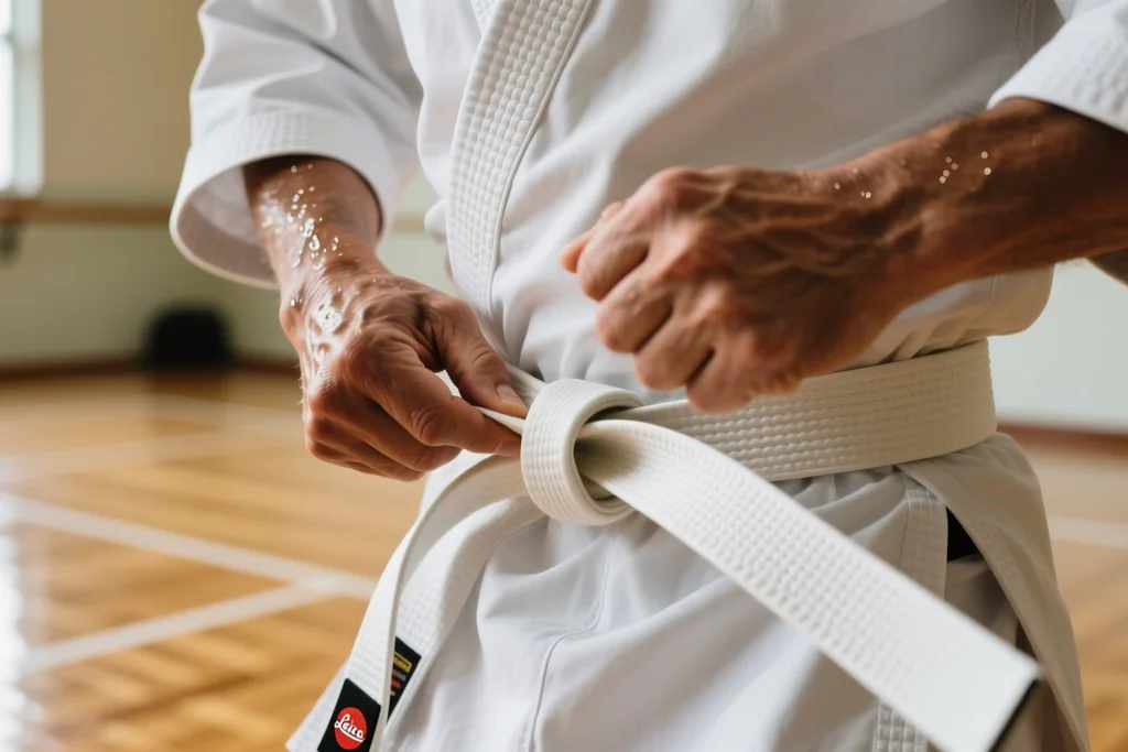 Two adult competitors trading strikes during a kumite bout at a Karate One event