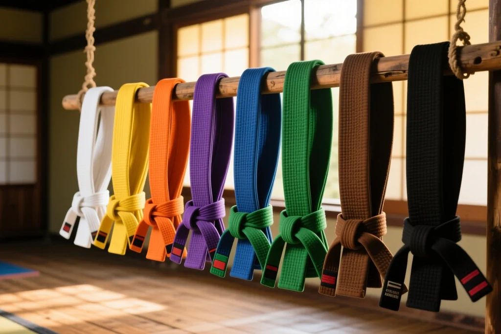 Adult karate students with coloured belts lined up in a bright dojo