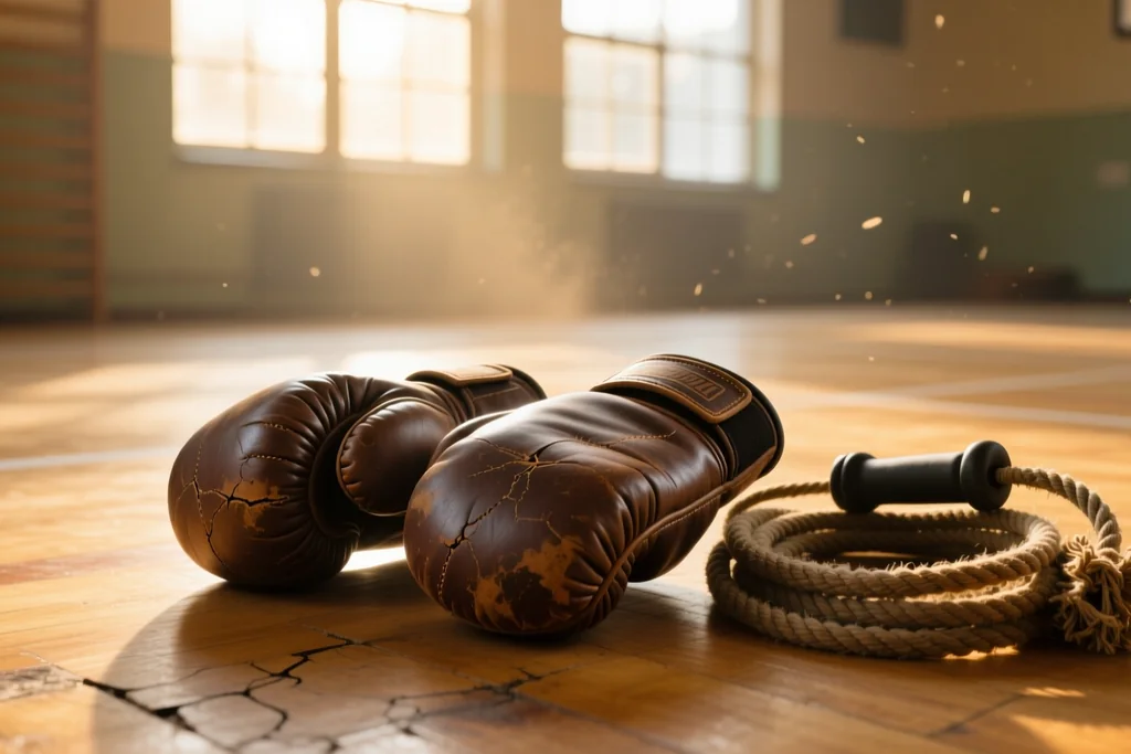 Focus mitts and a skipping rope on a gym floor