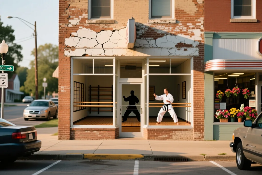 Martial arts storefront on a small-town main street