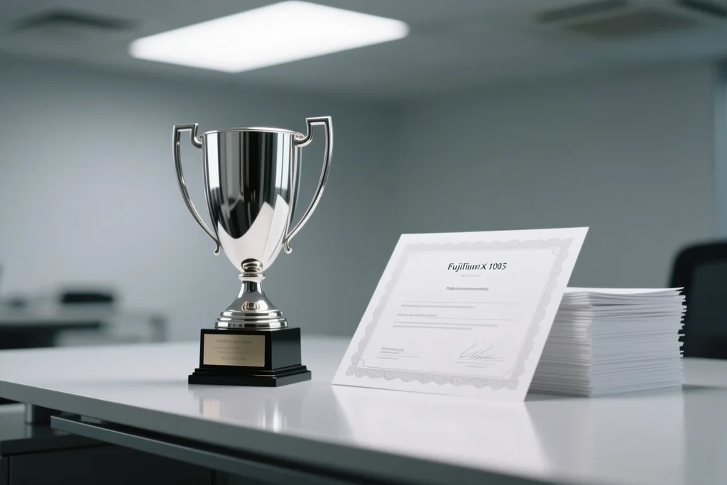 A generic trophy on a desk beside a stack of blank certificates