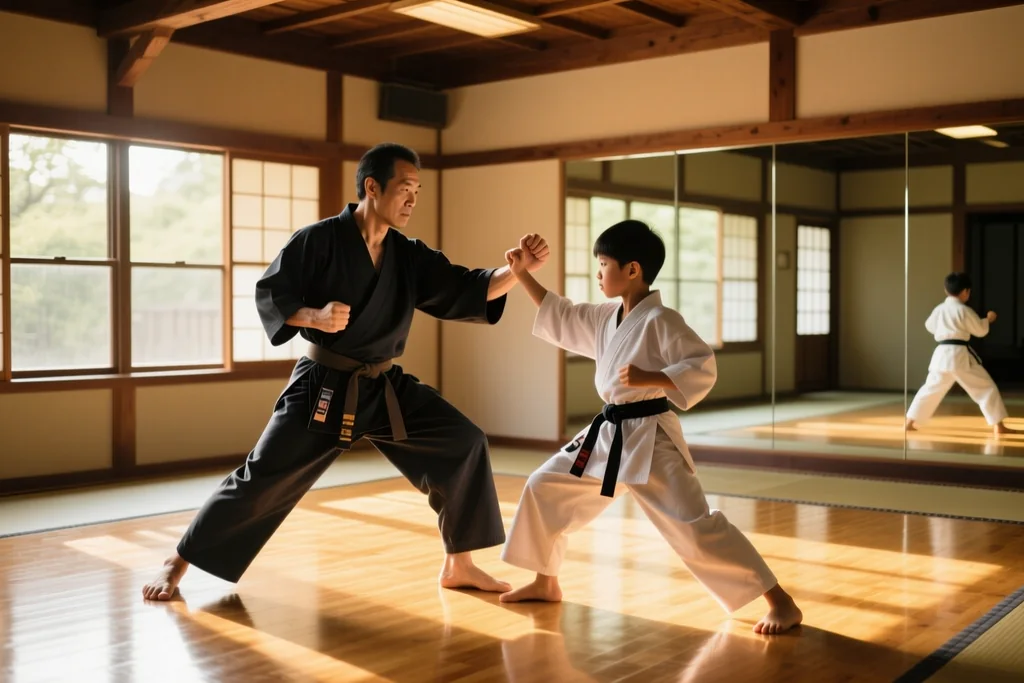 Adult instructor and student working a Kenpo self-defense counter