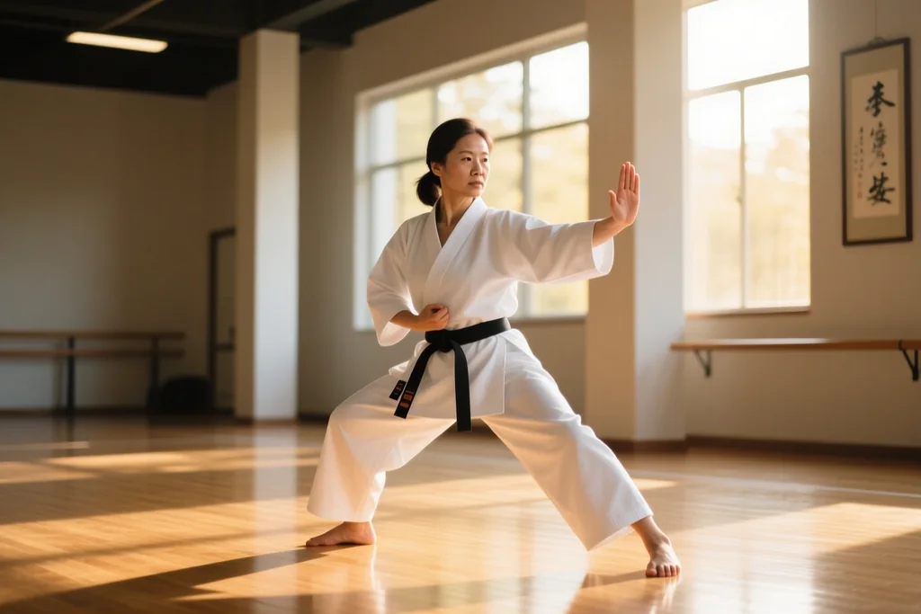Adult female karateka performing a kata stance in a bright hall