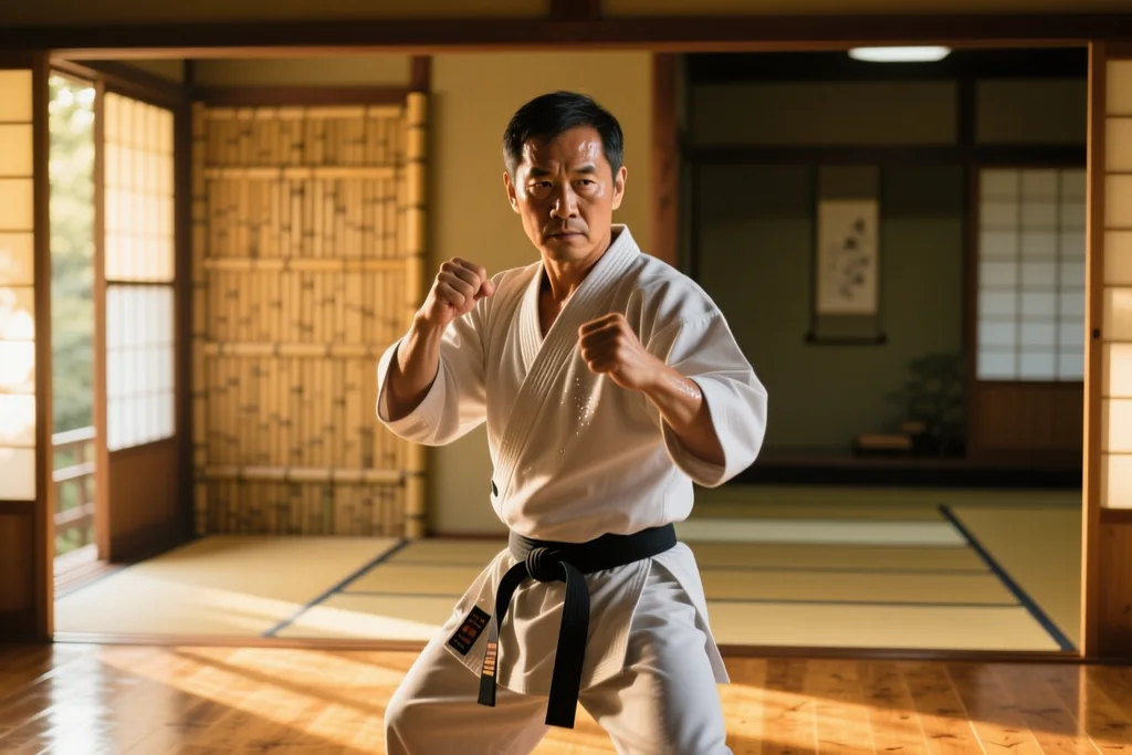 Adult martial artist standing in a ready stance in a bright dojo