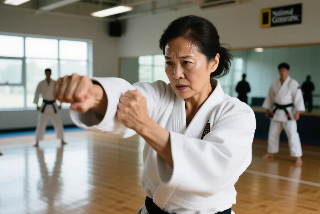 Adult woman practising a wrist-release self-defense technique