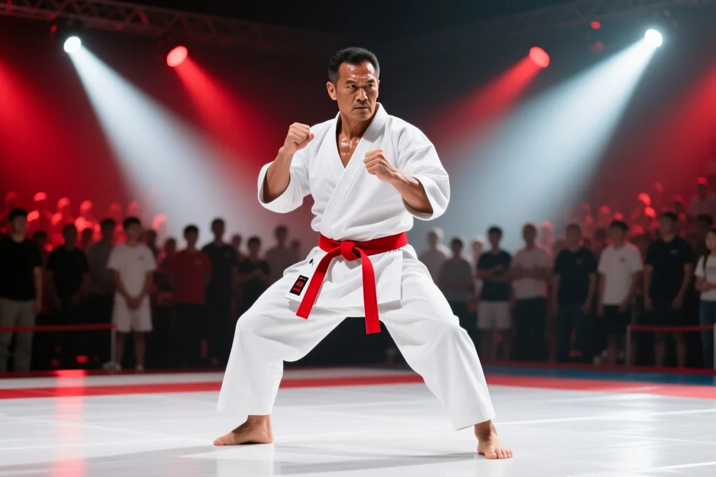 Adult karate athlete standing ready in a competition arena