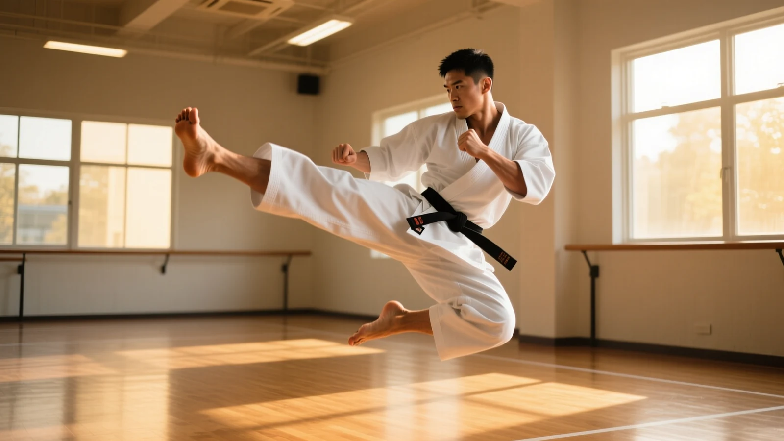 Adult karate black belt executing a high side kick in a bright dojo